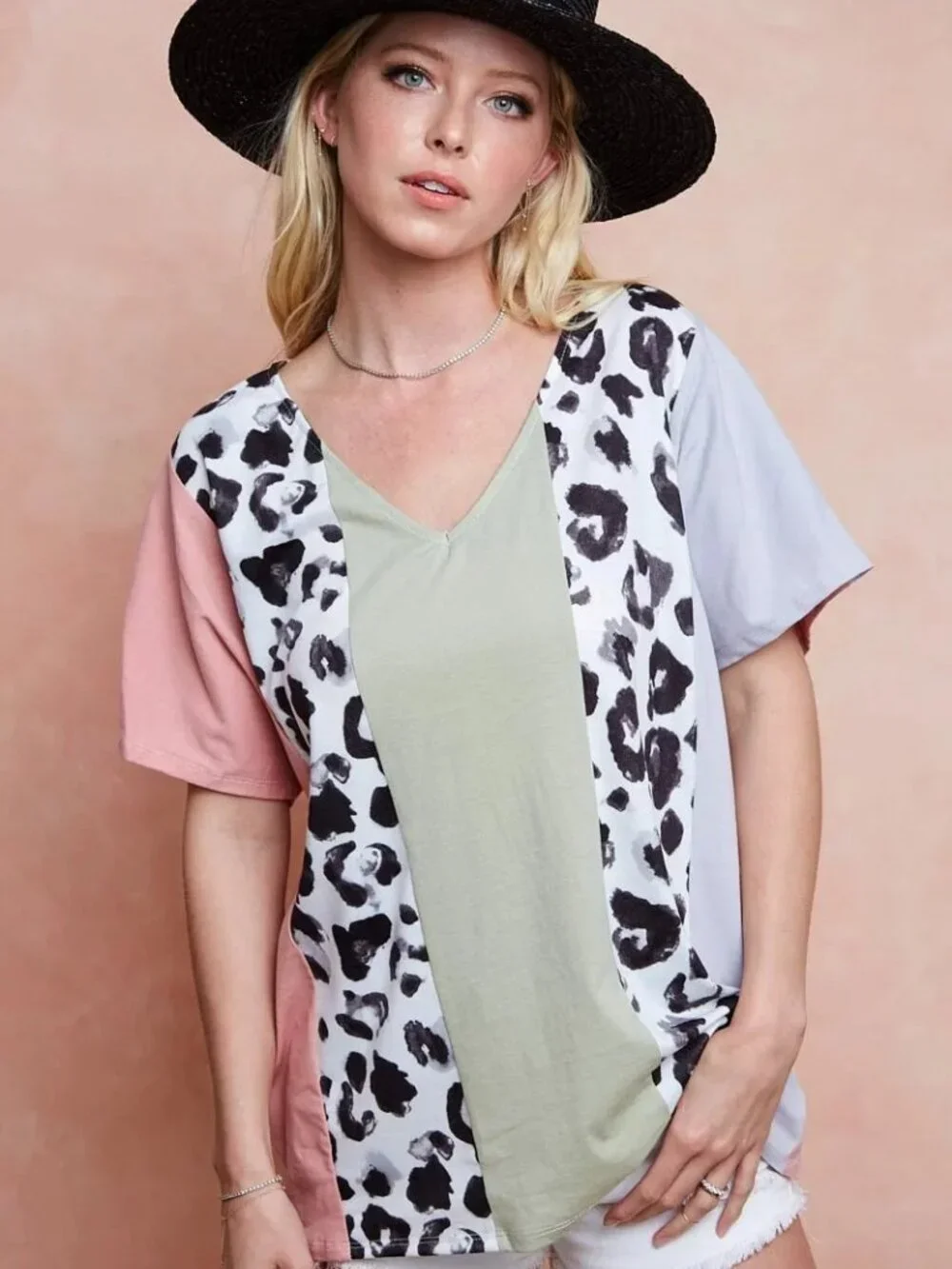 BiBi Cotton Span Knit With Leopard Color Block Top